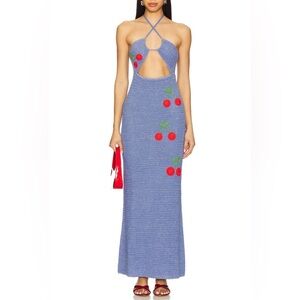 Capittana Women's Pipa Dress Blue Halter Knit Maxi Blue Cherry Shimmer Size XS/S